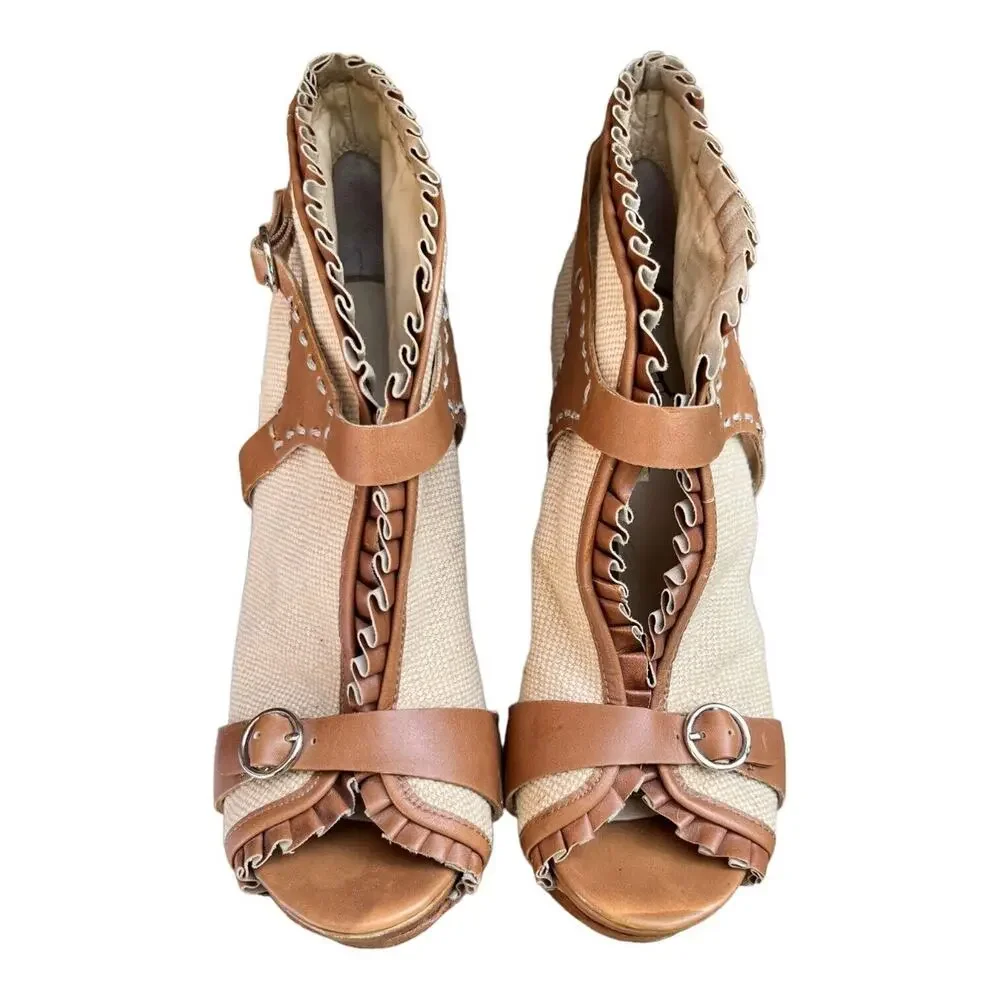 Velvet Angels Womens Platform Peep Toe Tan Leather Woven Pumps Sz 37.5 EU 6.5 US
